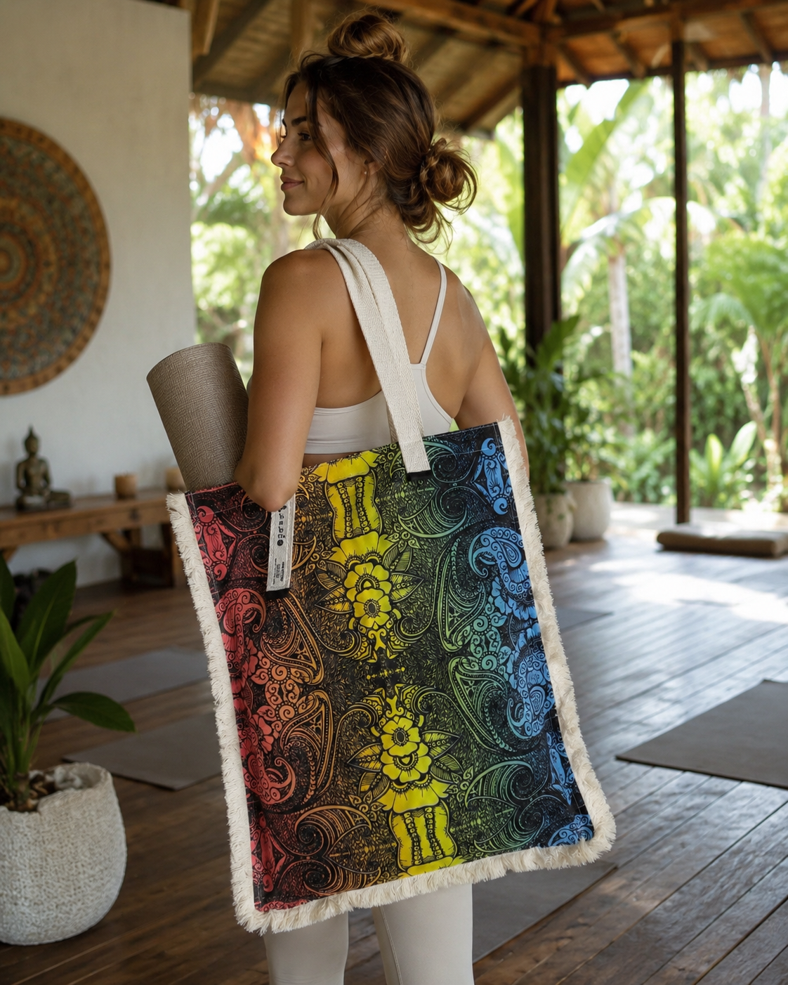Woman carrying the multicolour ethnic flower long canvas bag at a train station