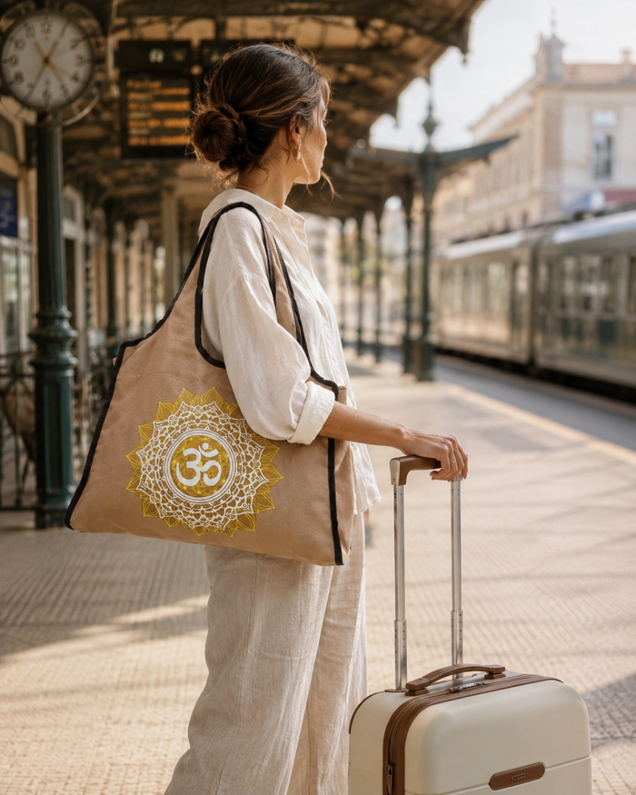 Woman carrying the beige Aum canvas bag at a train station