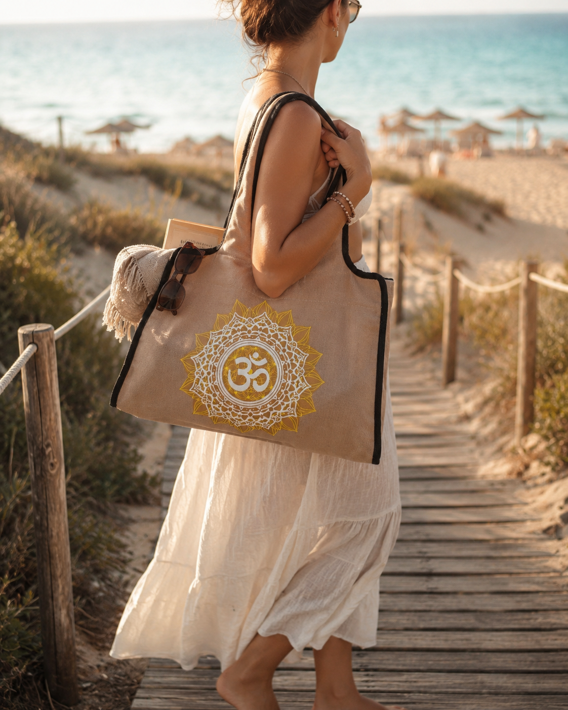 Beige Aum canvas bag styled for yoga in a garden setting