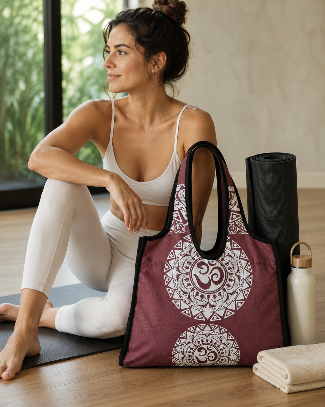Woman with the burgundy Aum mandala canvas bag on a beach path
