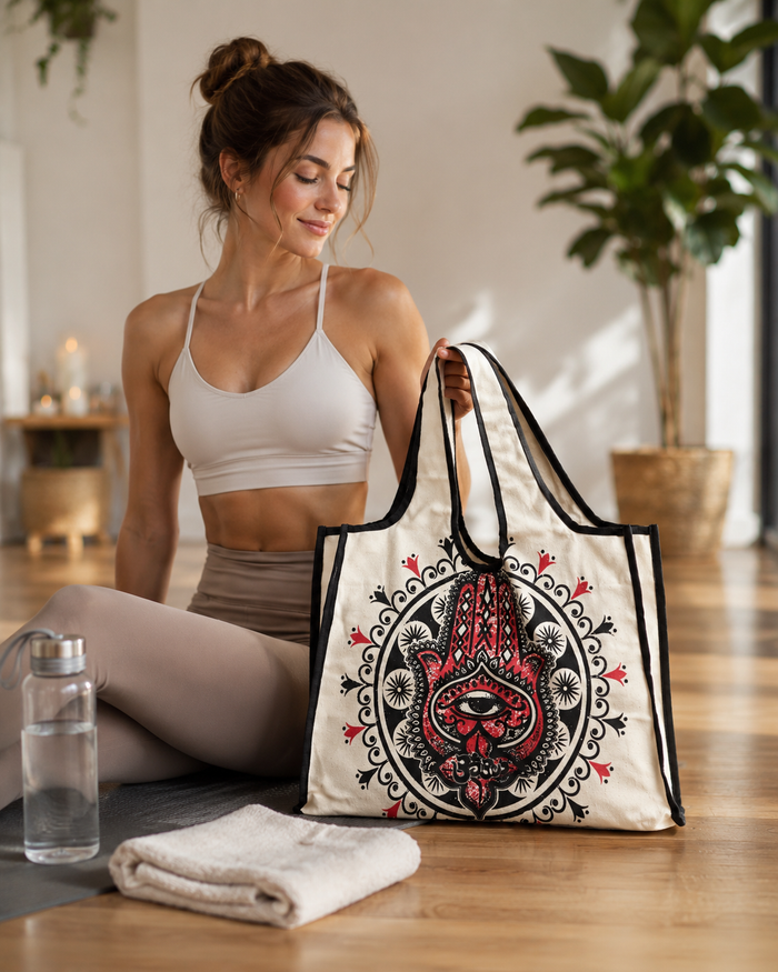 Cream Hamsa canvas bag styled for yoga in a garden setting