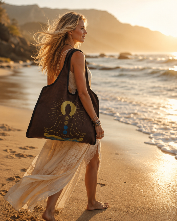 Woman carrying the meditation symbol canvas bag at a train station