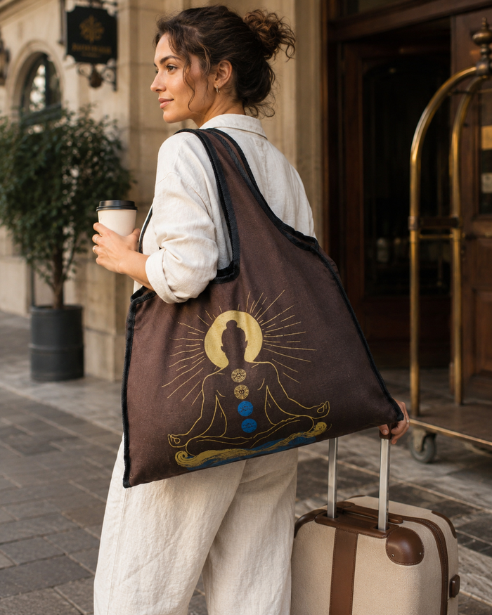 Woman with the meditation symbol canvas bag on a beach path