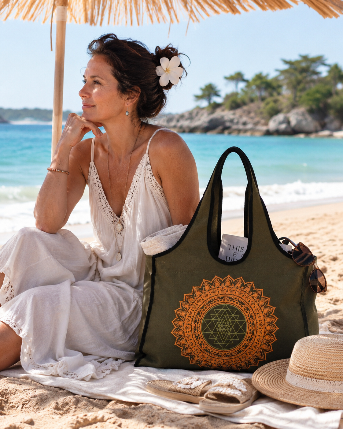 Woman with the Sri Yantra canvas bag on a beach path