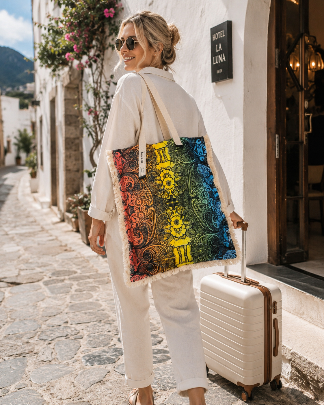 Woman with the multicolour ethnic flower long canvas bag on a beach path