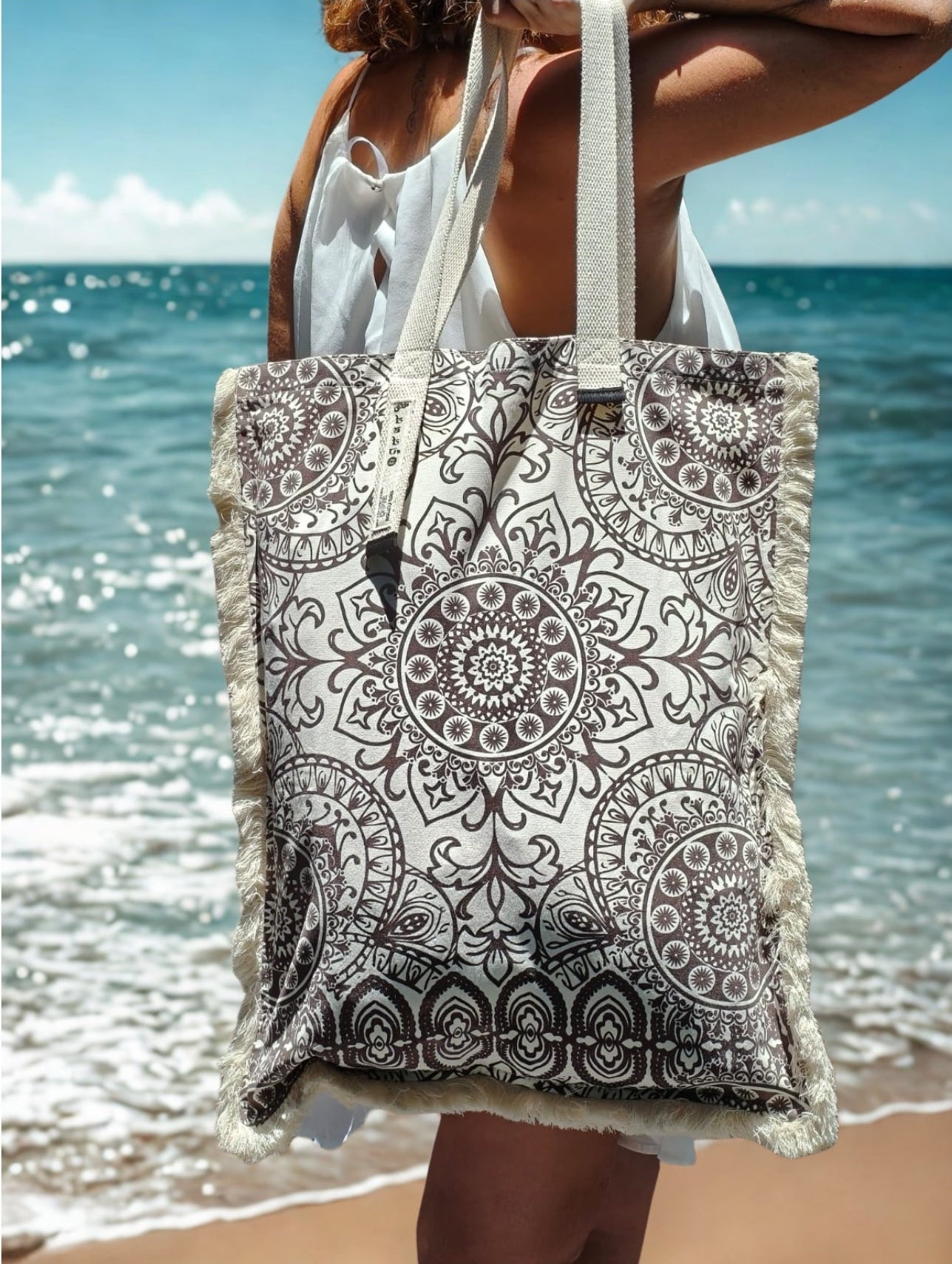 White and Black Bohemian Spirit Long Canvas Bag – Mandala