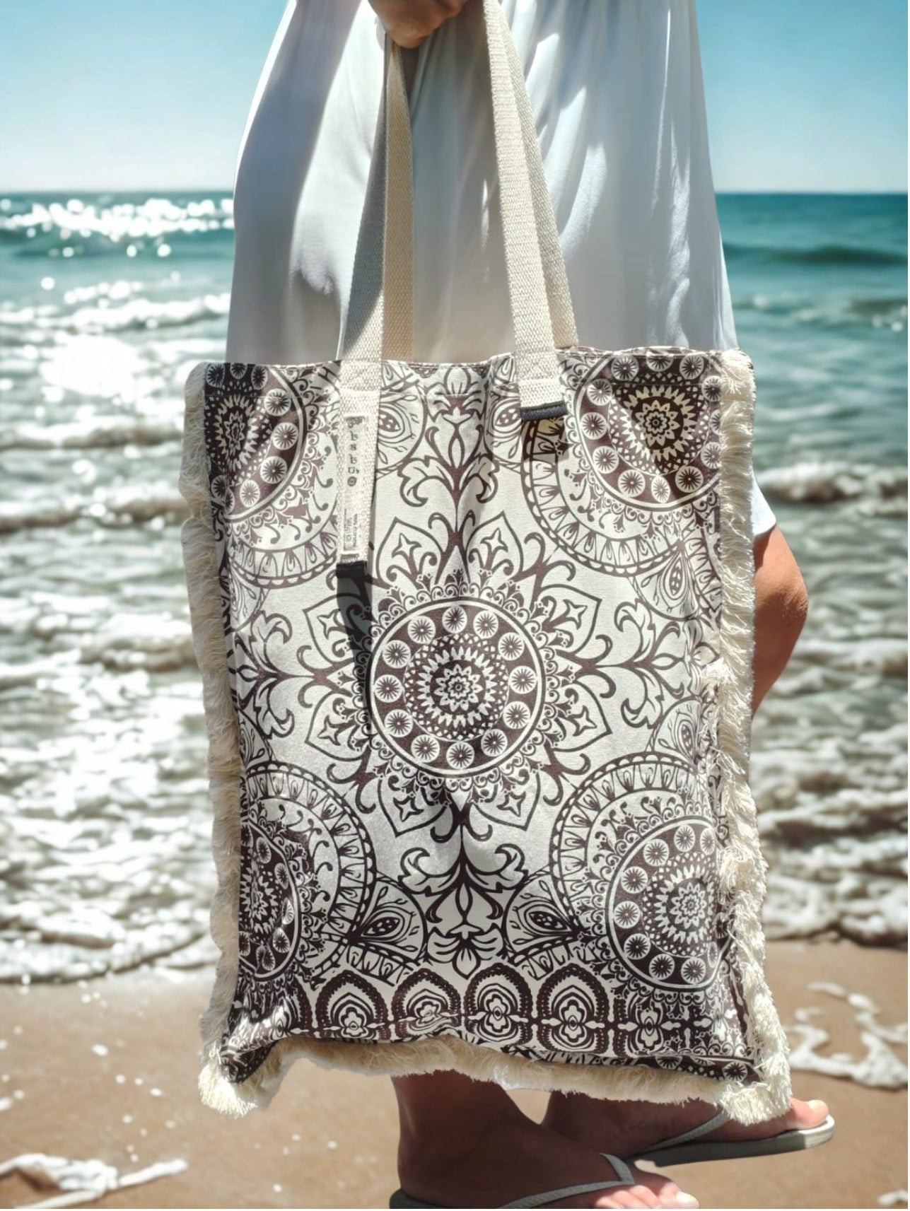 White and Black Bohemian Spirit Long Canvas Bag – Mandala