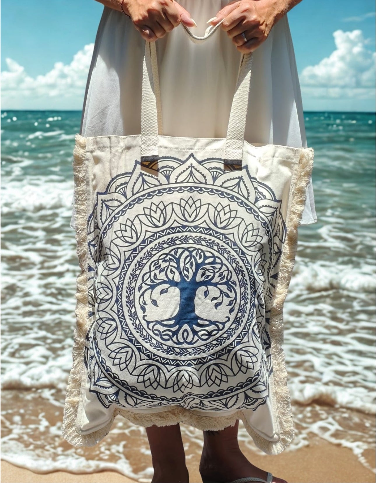 Bohemian Spirit Black and White Long Canvas Bag – Tree of Life Mandala