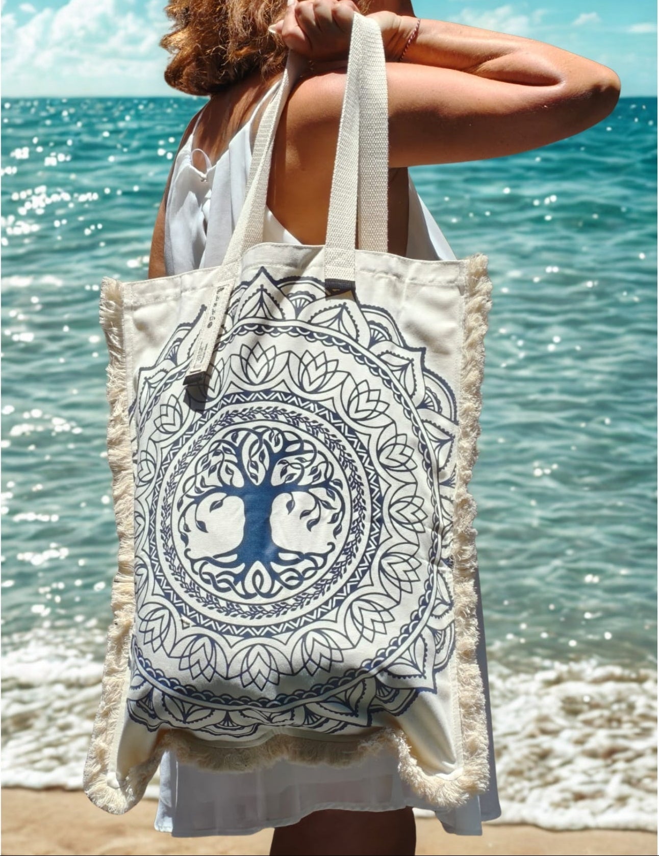 Bohemian Spirit Black and White Long Canvas Bag – Tree of Life Mandala