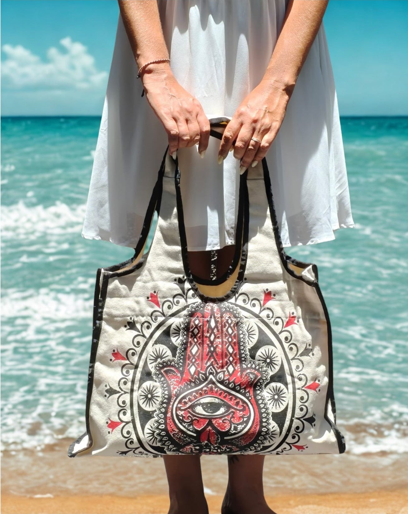 Boho Spirit Cream Canvas Bag - Red Hamsa Hand