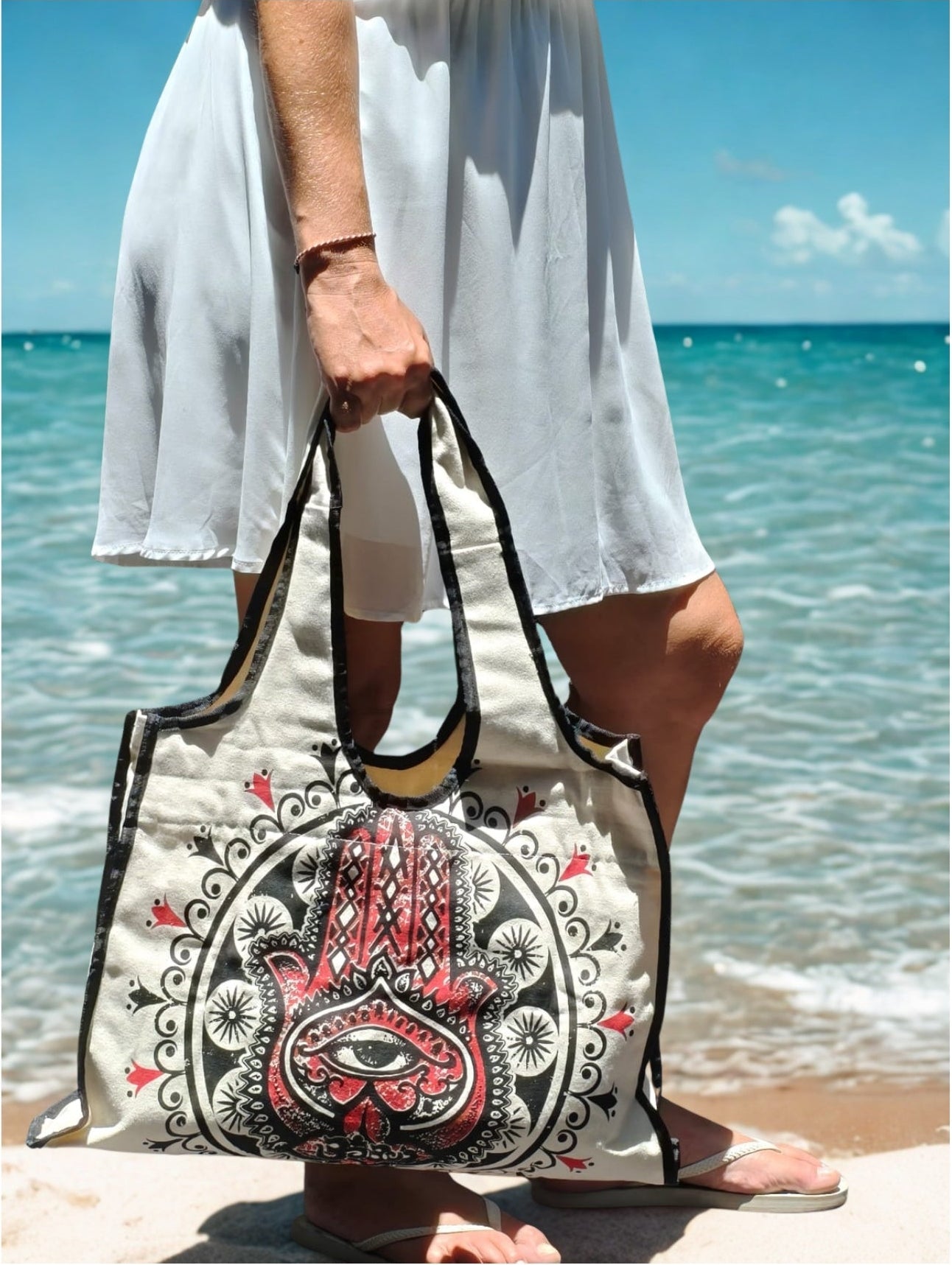 Boho Spirit Cream Canvas Bag - Red Hamsa Hand