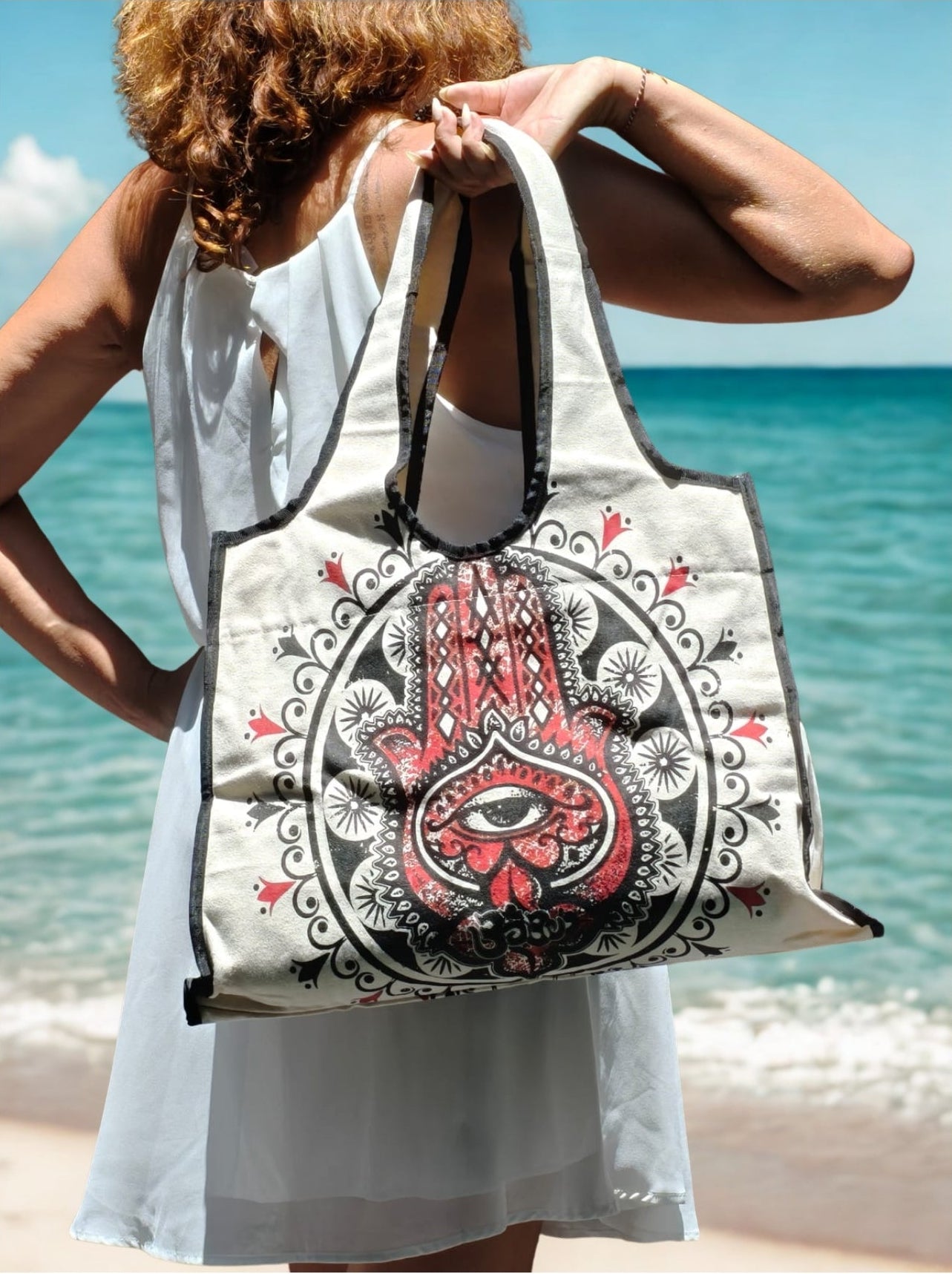 Boho Spirit Cream Canvas Bag - Red Hamsa Hand