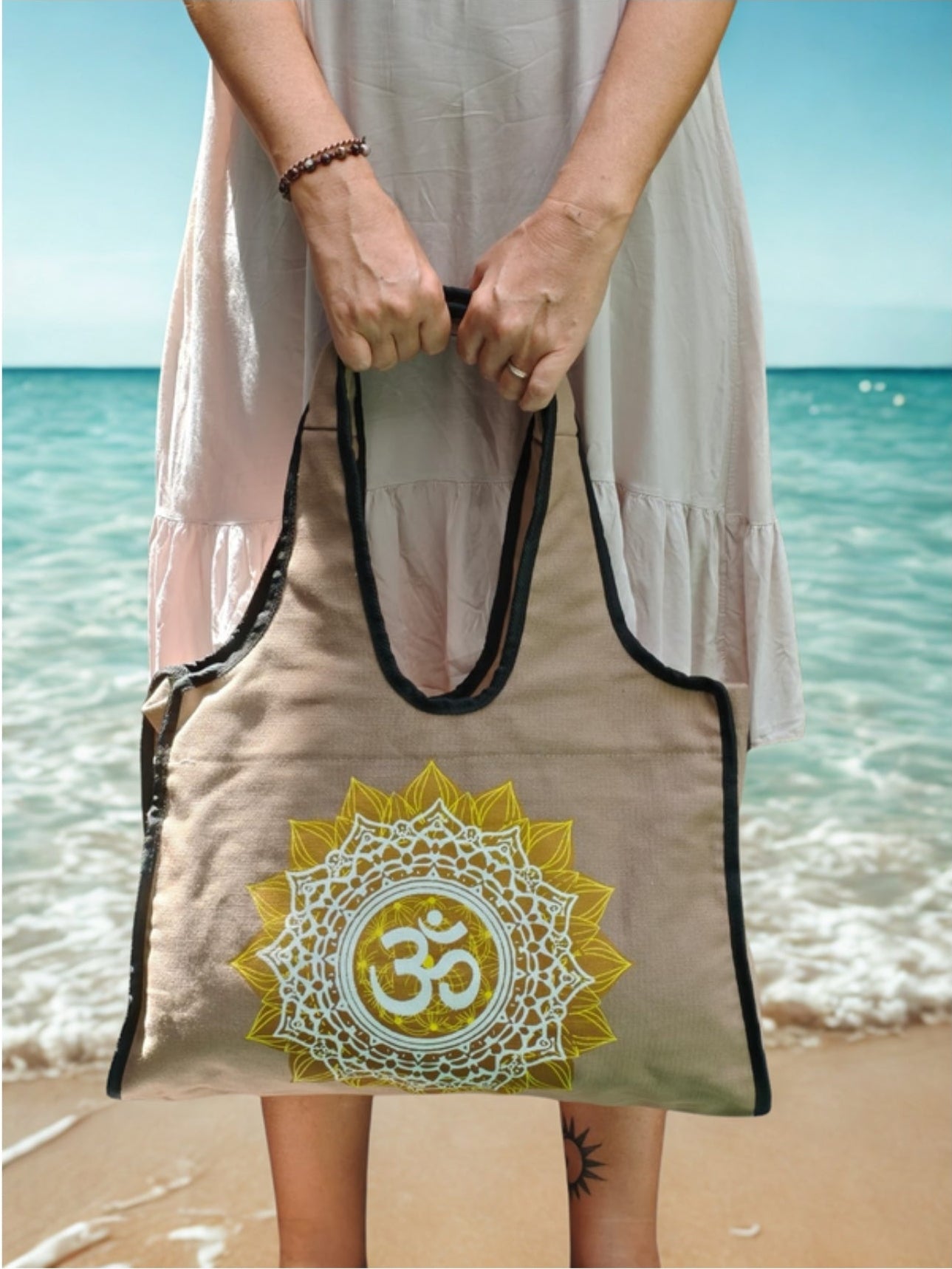 Bohemian spirit beige canvas bag aum
