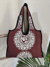 Boho Spirit canvas bag, burgundy Aum mandala print, flat lay