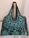 Boho Spirit canvas bag, turquoise mandala print, flat lay