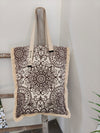 Boho Spirit long canvas bag, black and white mandala print, flat lay