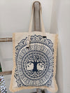 Boho Spirit long canvas bag, black and white Tree of Life mandala print, flat lay
