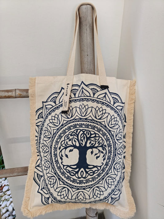 Bohemian Spirit Black and White Long Canvas Bag – Tree of Life Mandala