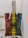 Boho Spirit long canvas bag, multicolour ethnic flower print, flat lay