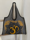 Boho Spirit canvas bag, grey Om symbol print, flat lay